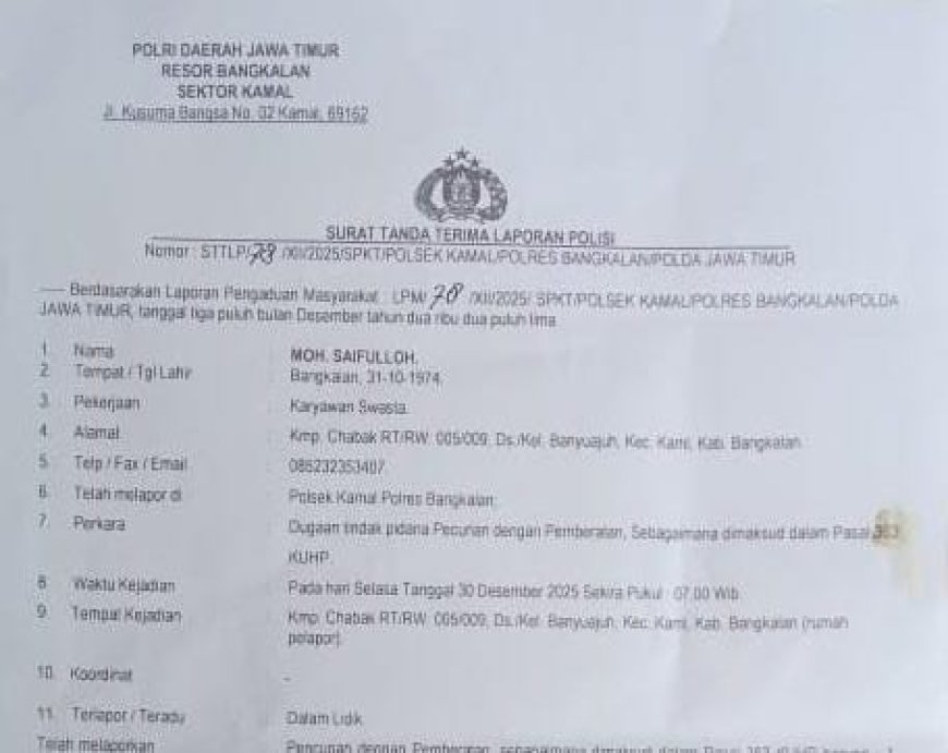 Motor Raib di Dekat Kantor Polsek Kamal, Warga Bangkalan Desak Keamanan Diperketat