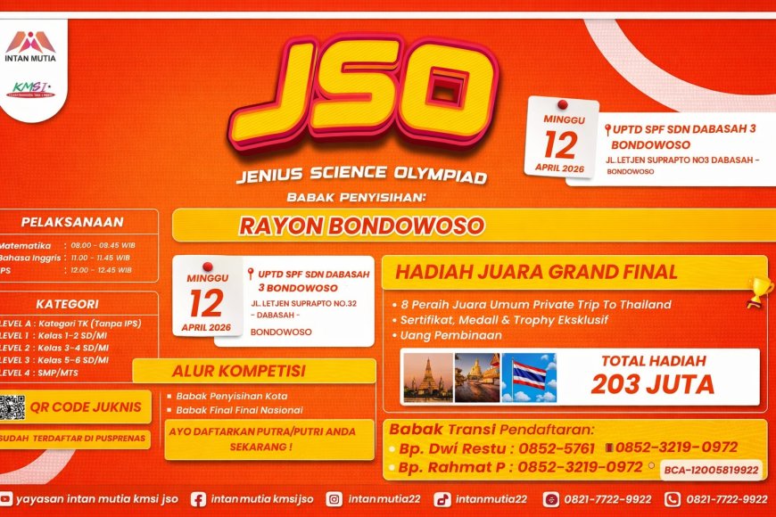 JSO Rayon Bondowoso 2026 Dibuka, Siswa TK hingga SMP Bisa Ikuti Olimpiade Sains